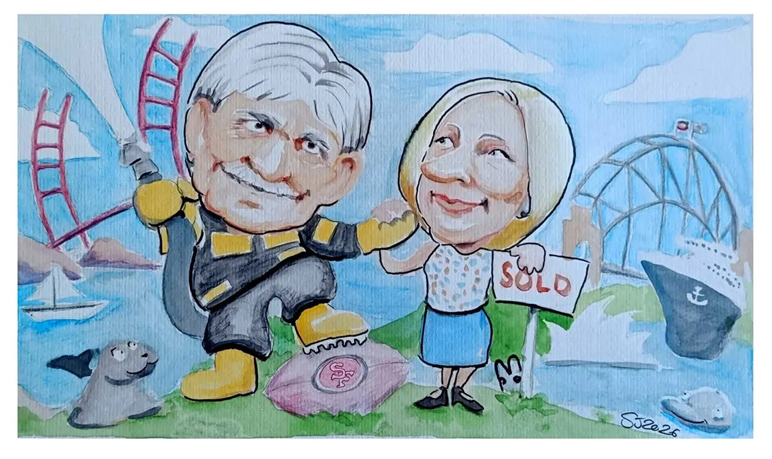 Watercolour caricature of the couple on Sydney Harbour, with a SOLD sign