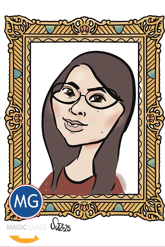 Digital caricature of a woman with long hair and glasses in an ornate gold frame, Magic Glass branded