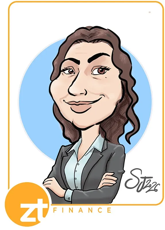 Digital colour caricature of a woman with long wavy hair, ZT Finance branded