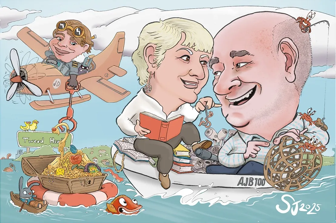 Custom caricature illustration of a couple on their fishing boat with a seaplane and a treasure chest