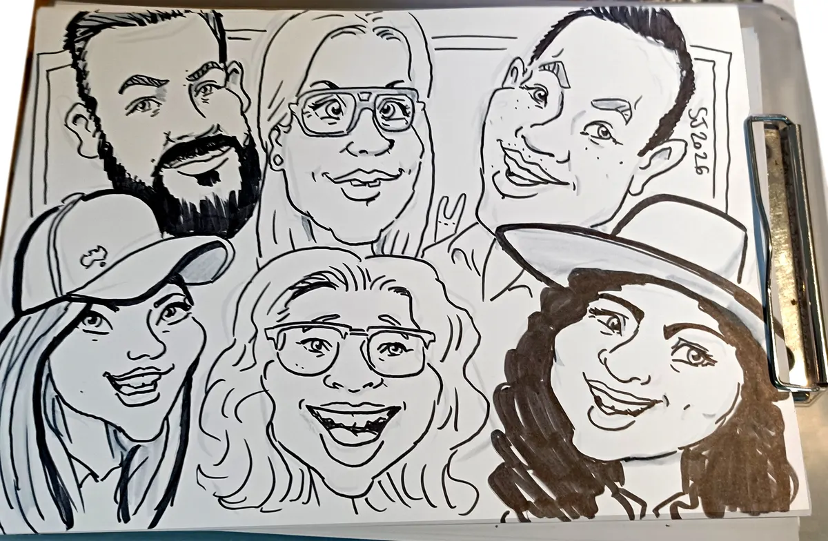 Six people drawn together in one pen and ink group caricature
